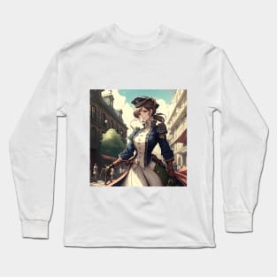 Anime Military Elegance: Lady in Blue Uniform Long Sleeve T-Shirt